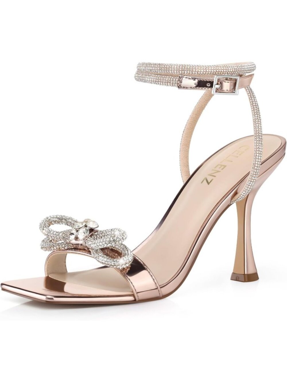 Women's Rose Gold Leather Double Bowknot Open Toe Sparkly Strappy Party Heels